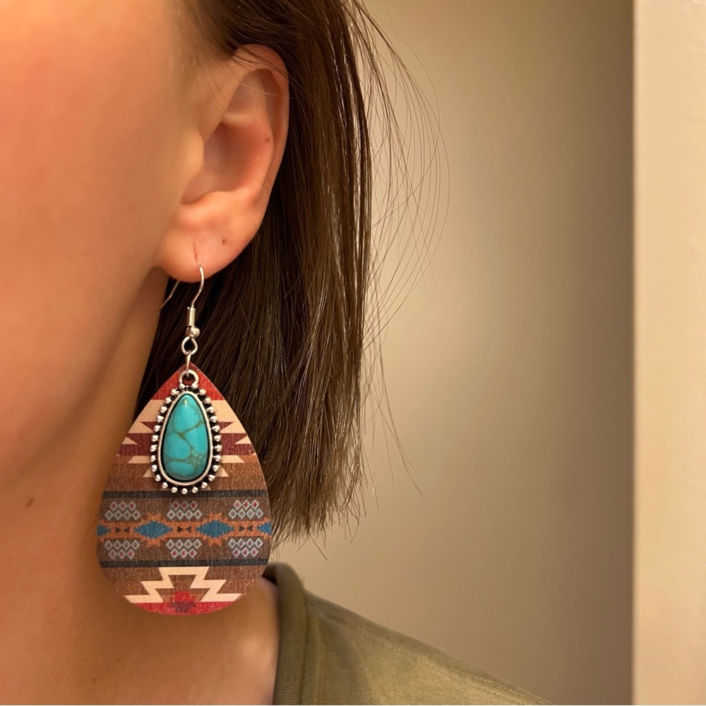 Boho Southwestern Turquoise & Tribal Aztec Wood Teardrop Dangle Earrings NEW - Picture 5 of 9